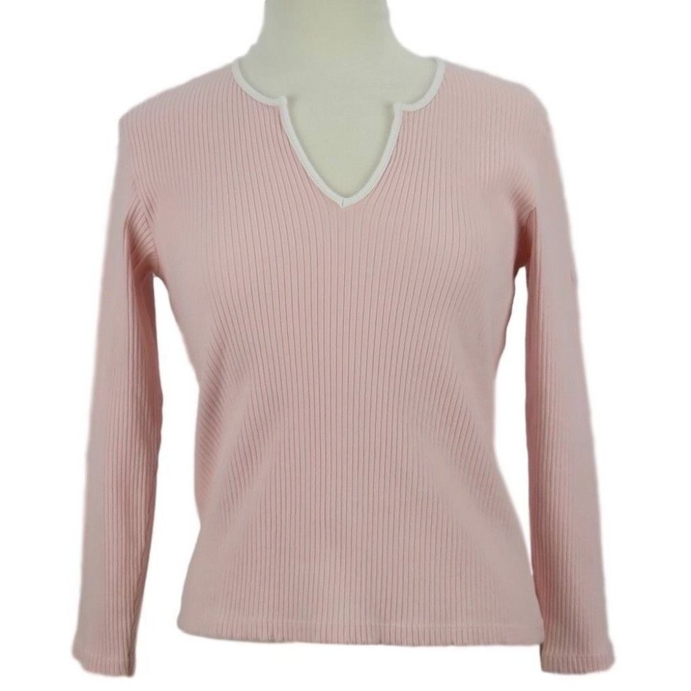 Nautica Jean Co Top Womens L Pink Ribbed V Neck Pullover Long Sleeve
